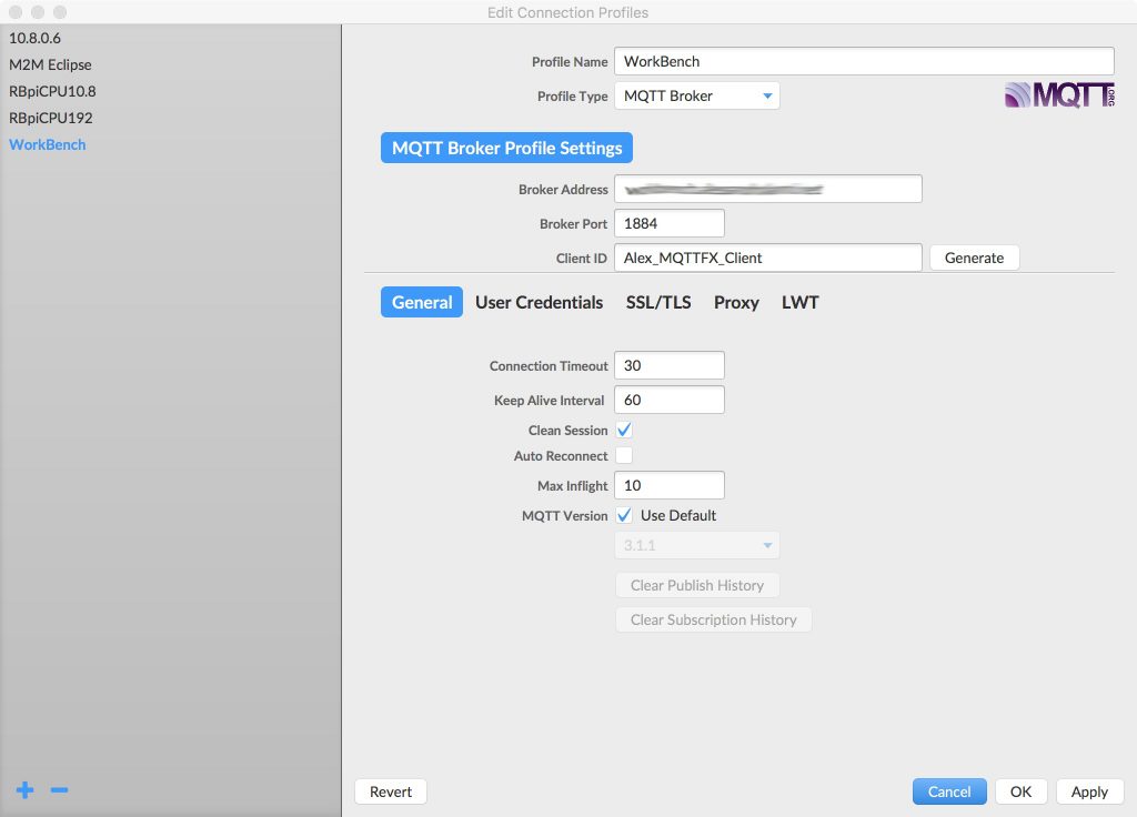 MQTTfx - Impostazione profile